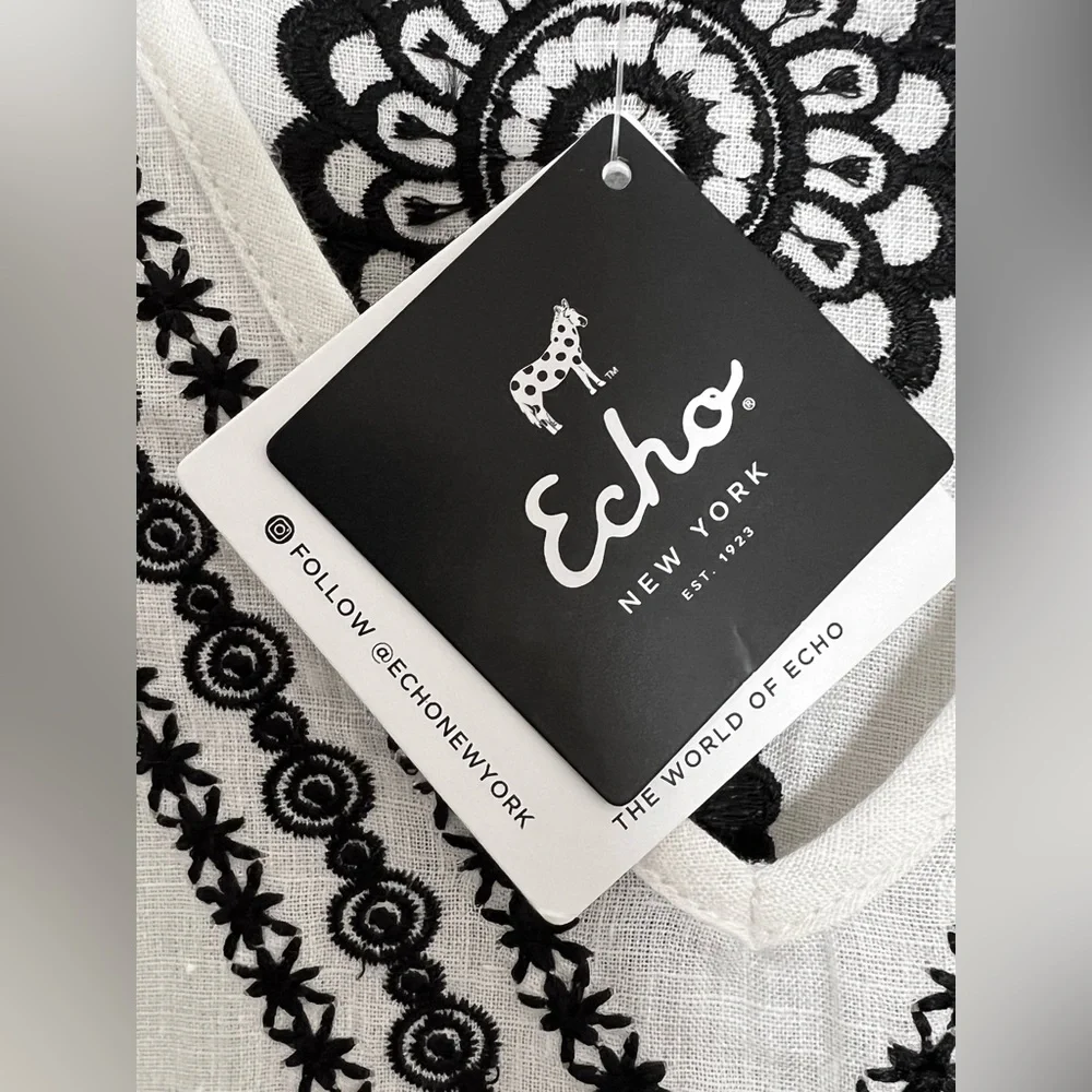 Echo Cream Linen Blend Amalfi Caftan W/Black Embroidery, Sz XL, NWT - Picture 7 of 8